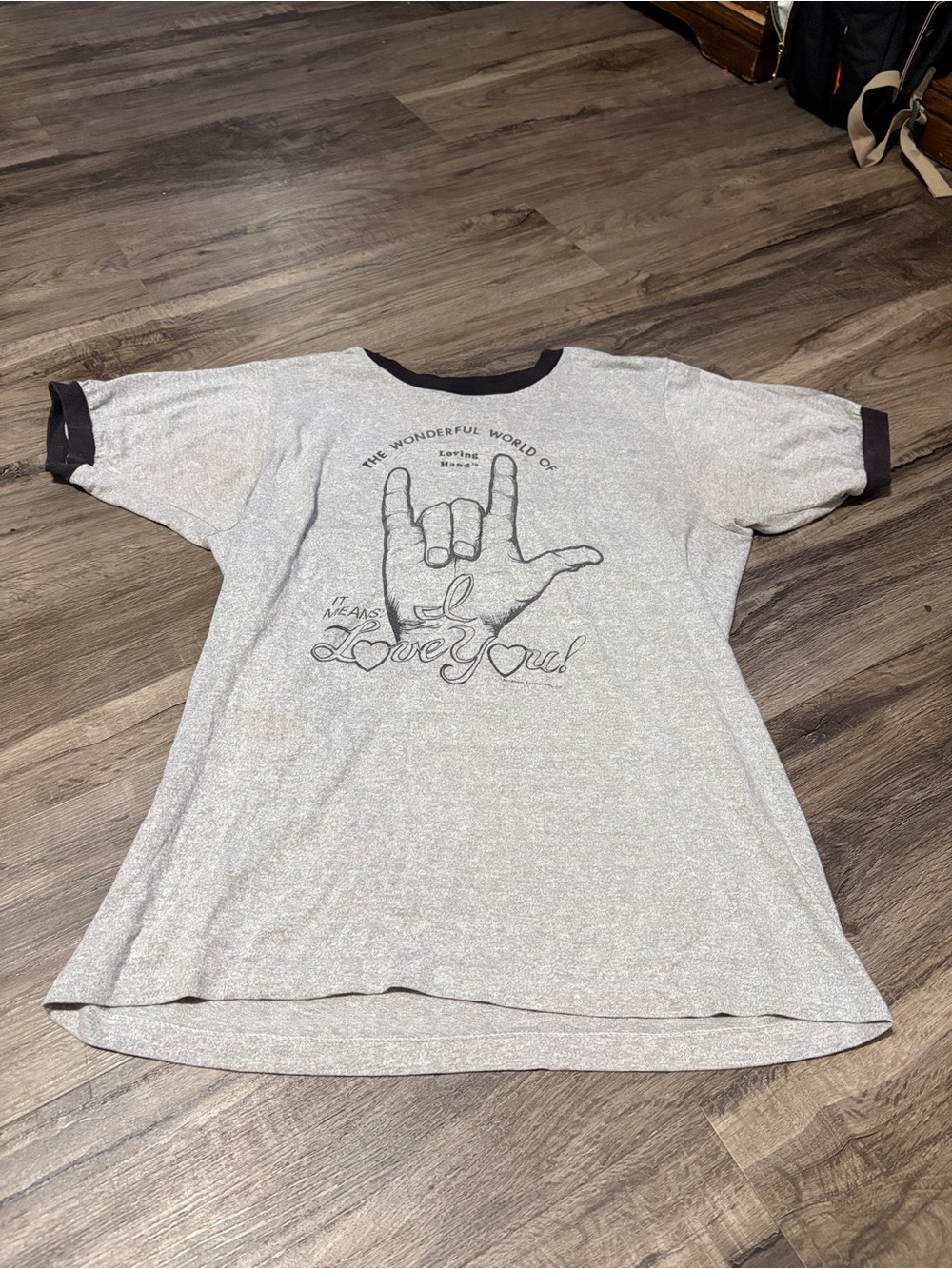 Kids Gray Short Sleeve Graphic Ringer Tee - 'I Love You' Hand Sign